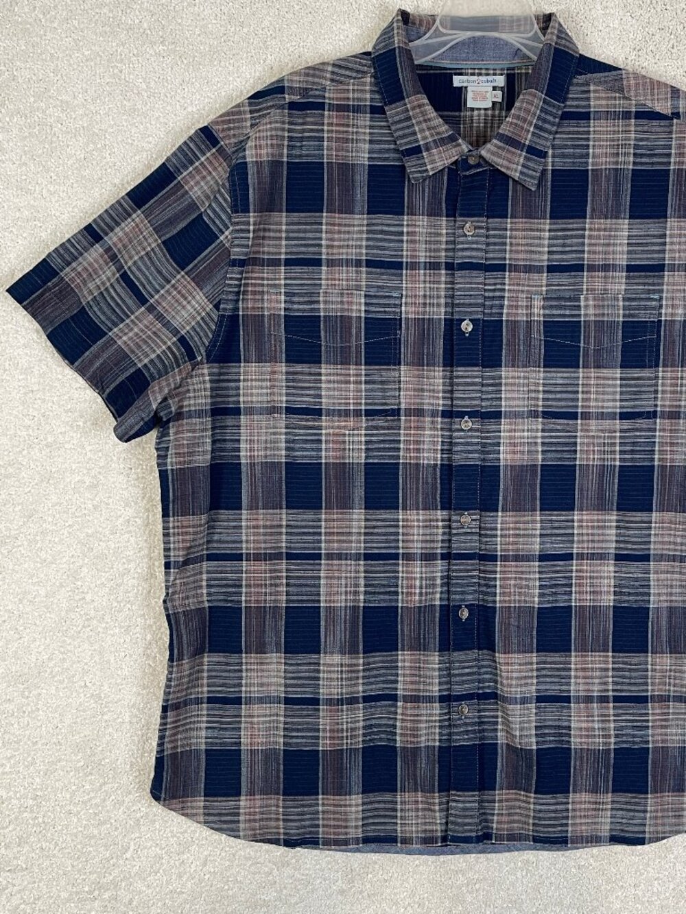 Carbon2Cobalt Men's Plaid Shirt Cotton Size XL Short Sleeve Casual Navy Blue